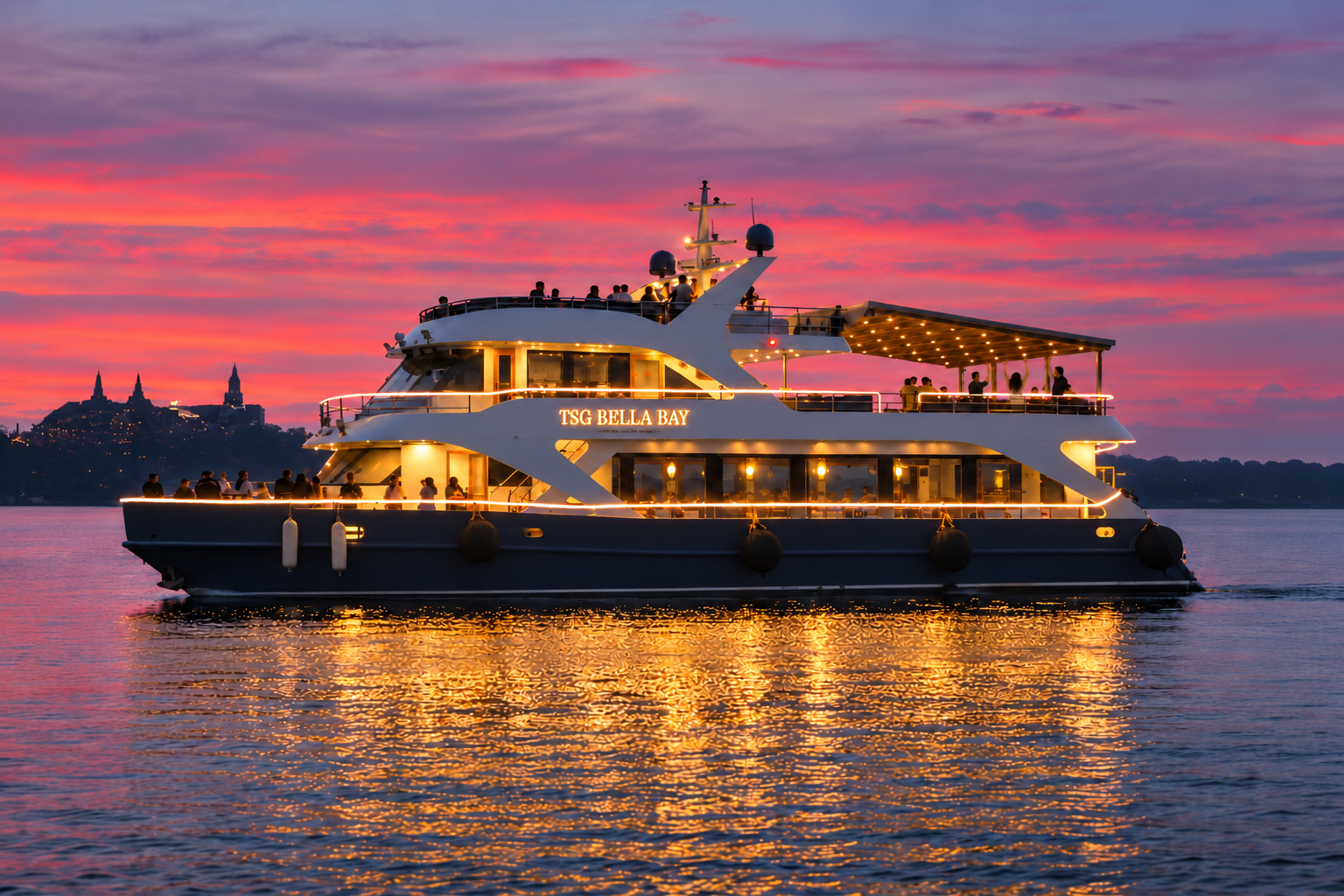 TSG Bella Bay at dusk, with the bow facing left and rear deck on the right