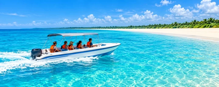 Illustration of a passenger boat with life-jacketed passengers beside a long sandy beach