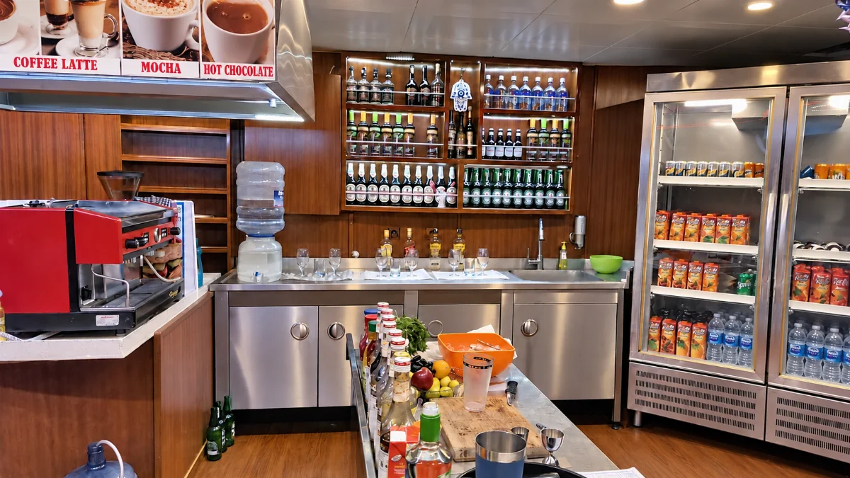 Onboard drinks counter with bottles, mixers and mocktail preparation area