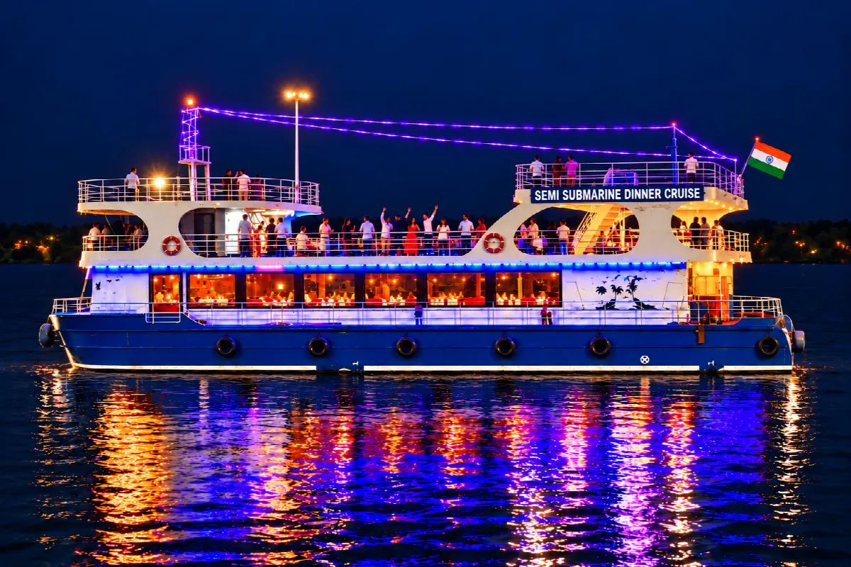Illustrative night view of the Havelock dinner cruise with guests dancing on deck