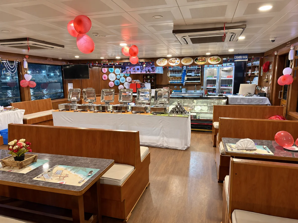 Buffet serving counter inside the cruise restaurant