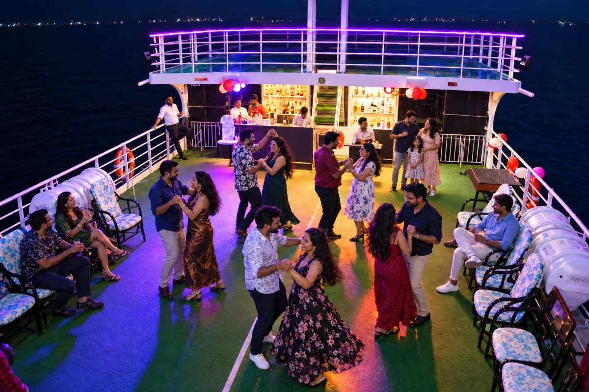Illustrative open-deck scene with dancing couples and a family near the counter