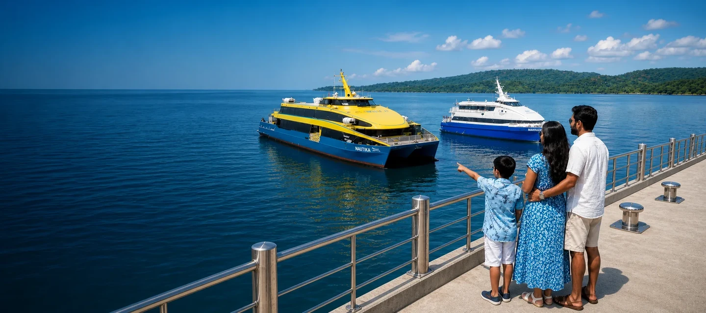 Nautika and Makruzz ferries near an Andaman passenger jetty as a family watches from the waterfront