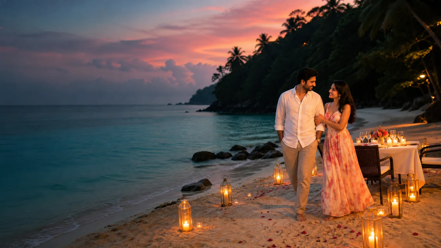 Couple enjoying a candlelit honeymoon evening on an Andaman beach