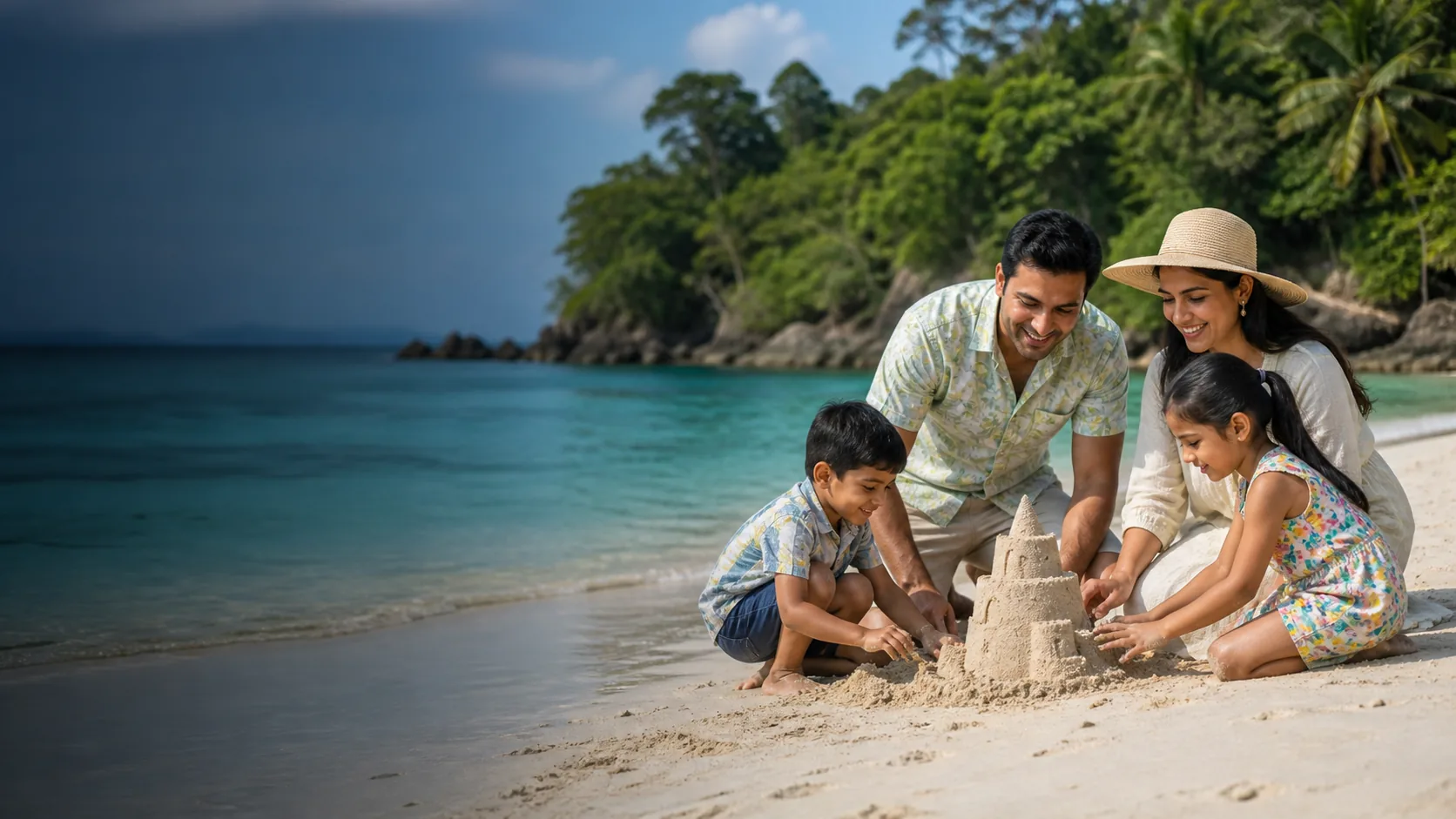 Family building a sandcastle together on an Andaman beach