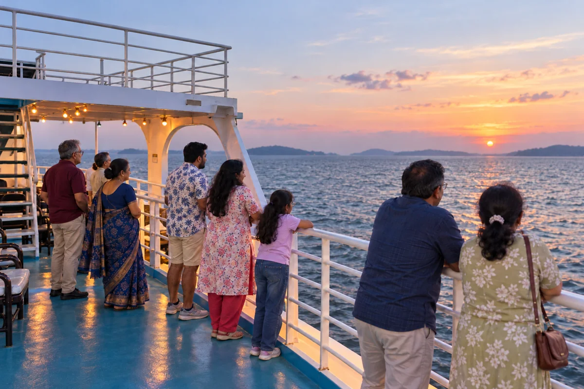 Illustrative families and couples watching the sunset from the deck