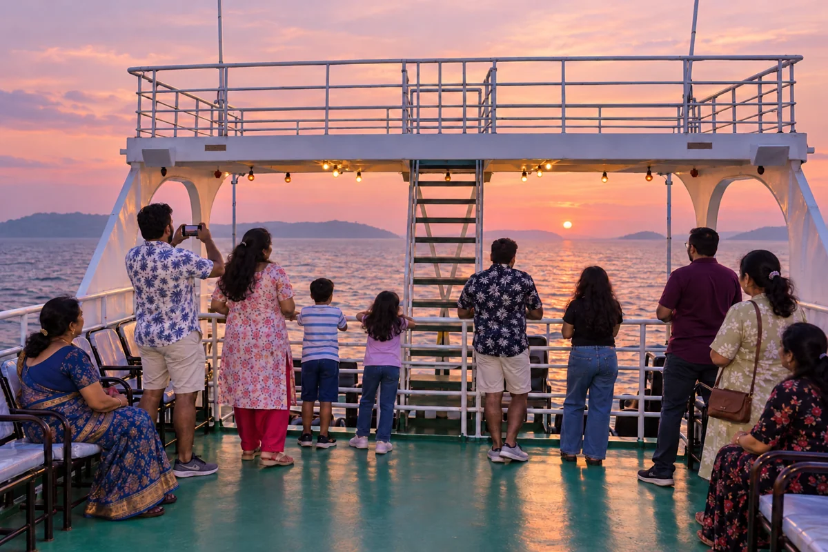 Illustrative family enjoying sunset views and photography on board